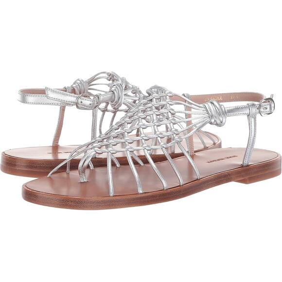 Stuart Weitzman Seaside Sandals Women Size 7 Silver Gladiator Flat Leather Spain - Picture 1 of 10